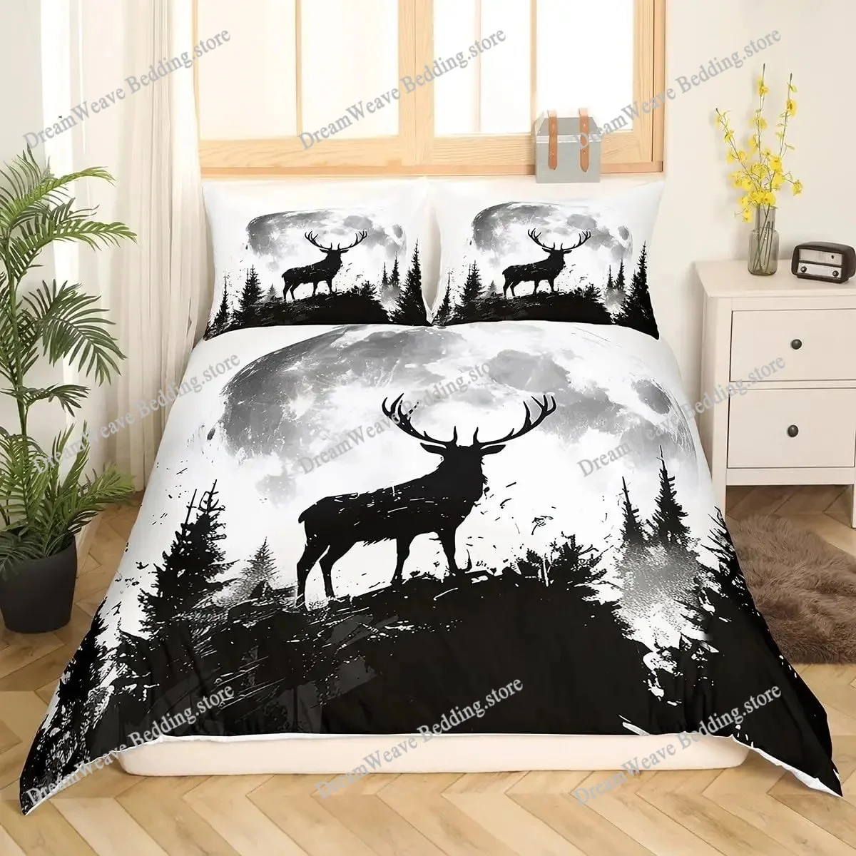 Deer Elk Duvet Cover King Quee - Hunting And Camping In Forest 评论和价格