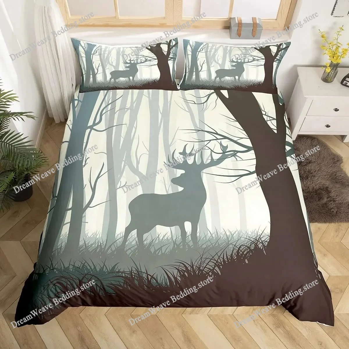 Deer Elk Duvet Cover King Quee - Hunting And Camping In Forest 评论和价格