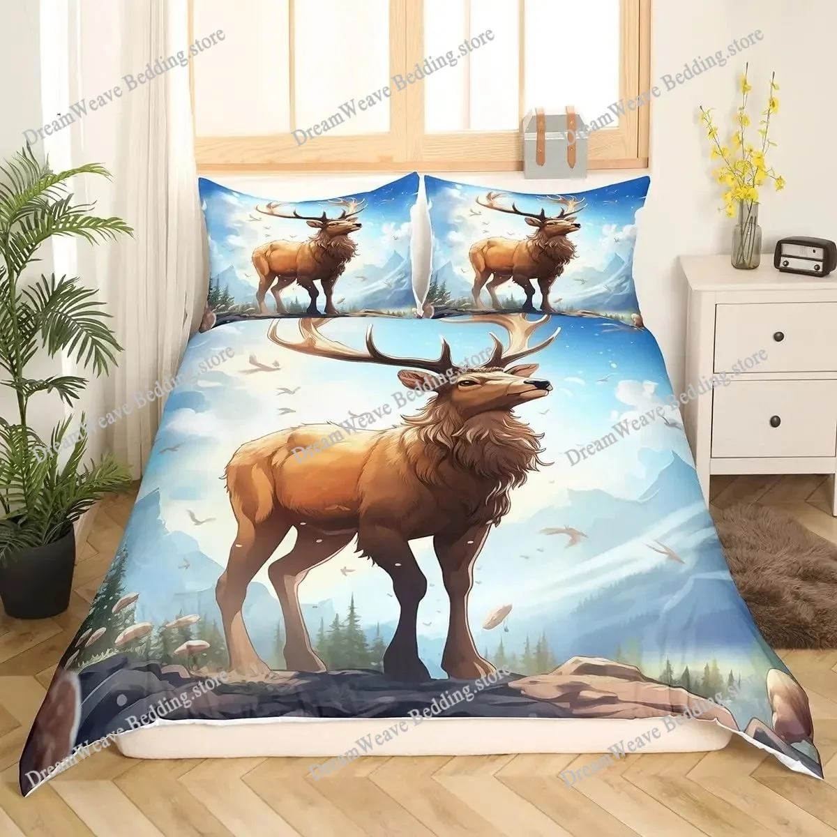 Deer Elk Duvet Cover King Quee - Hunting And Camping In Forest 评论和价格