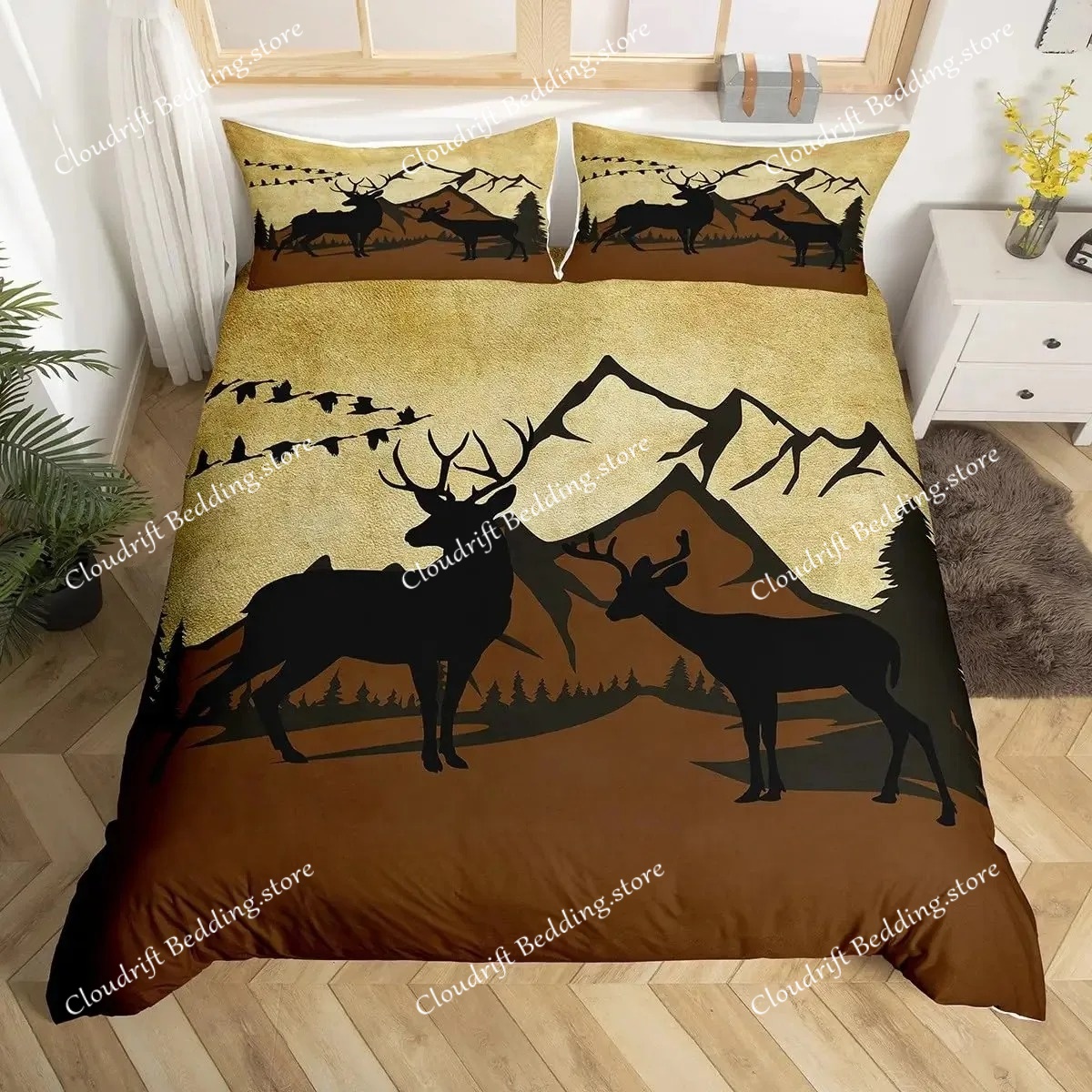 Deer Elk Duvet Cover King Quee - Hunting And Camping In Forest 评论和价格