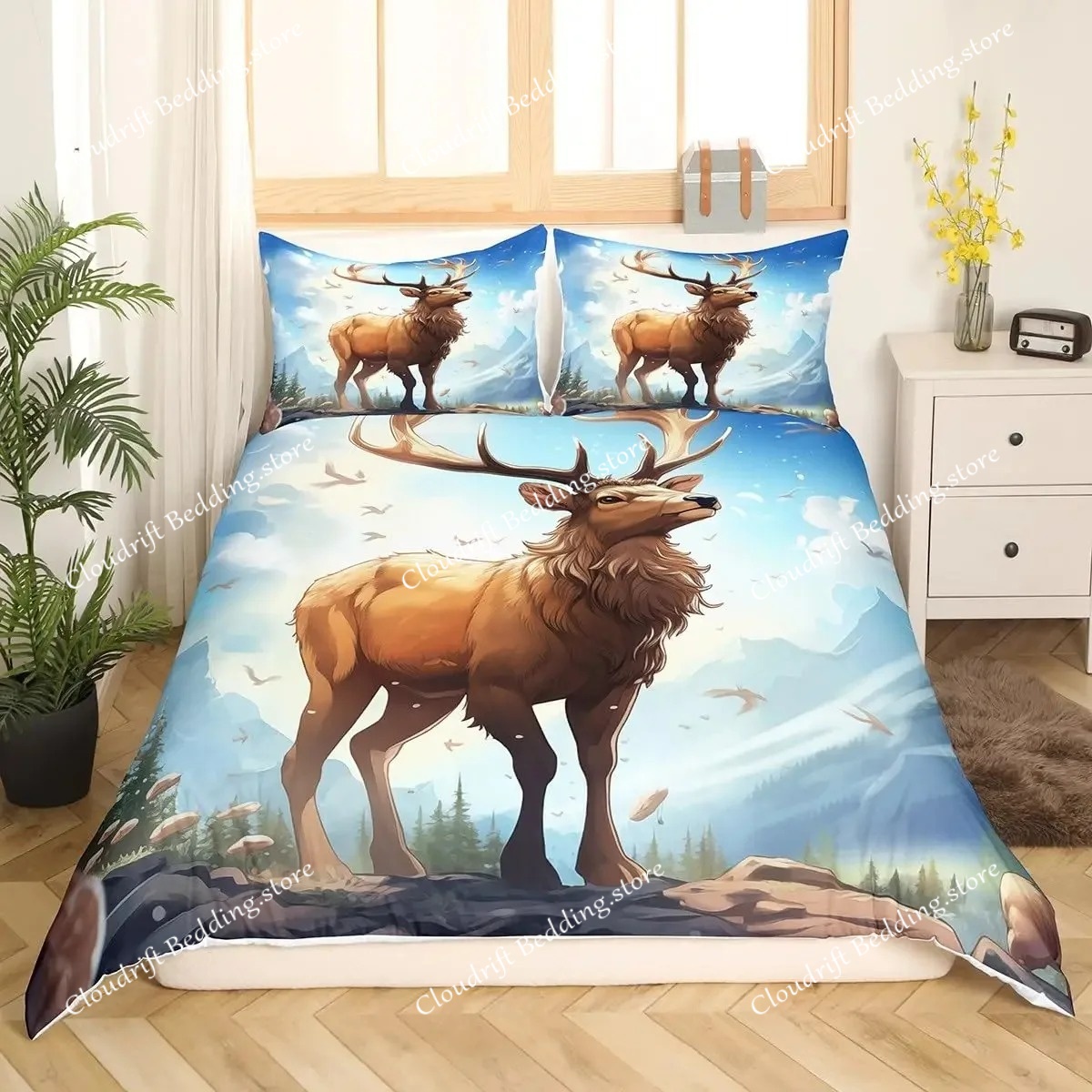 Deer Elk Duvet Cover King Quee - Hunting And Camping In Forest 评论和价格