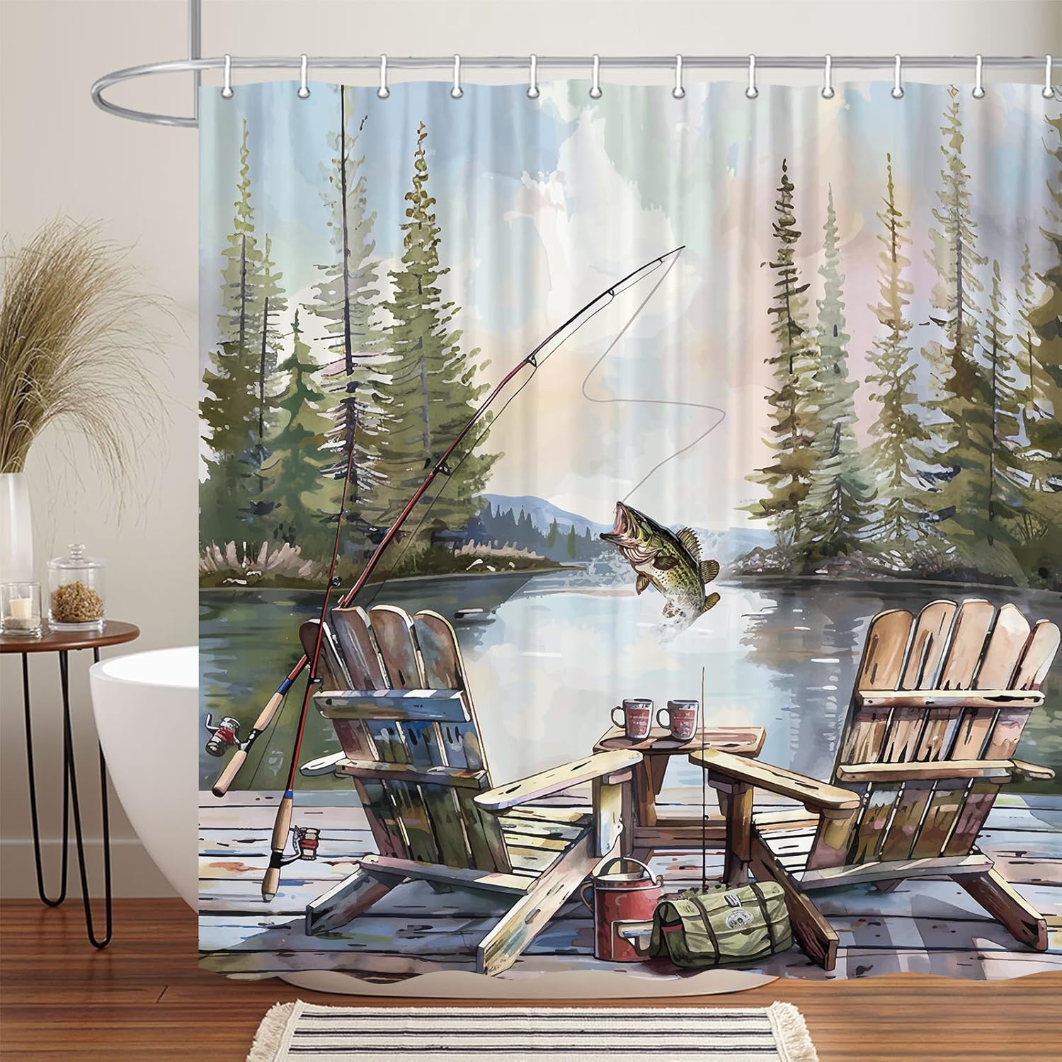 Rustic Fishing Shower Curtain, - Hunting And Camping In Forest 评论和价格