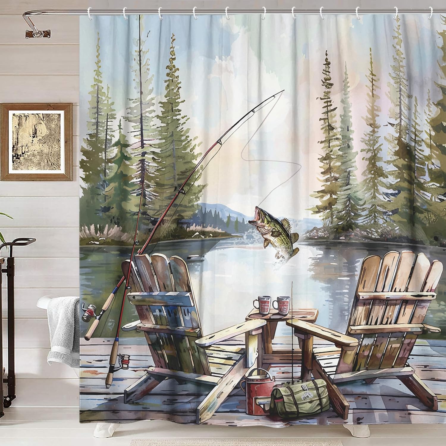 Rustic Fishing Shower Curtain, - Hunting And Camping In Forest 评论和价格
