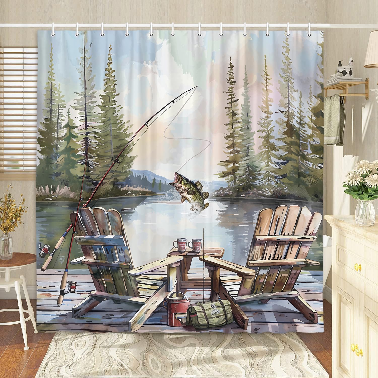 Rustic Fishing Shower Curtain, - Hunting And Camping In Forest 评论和价格