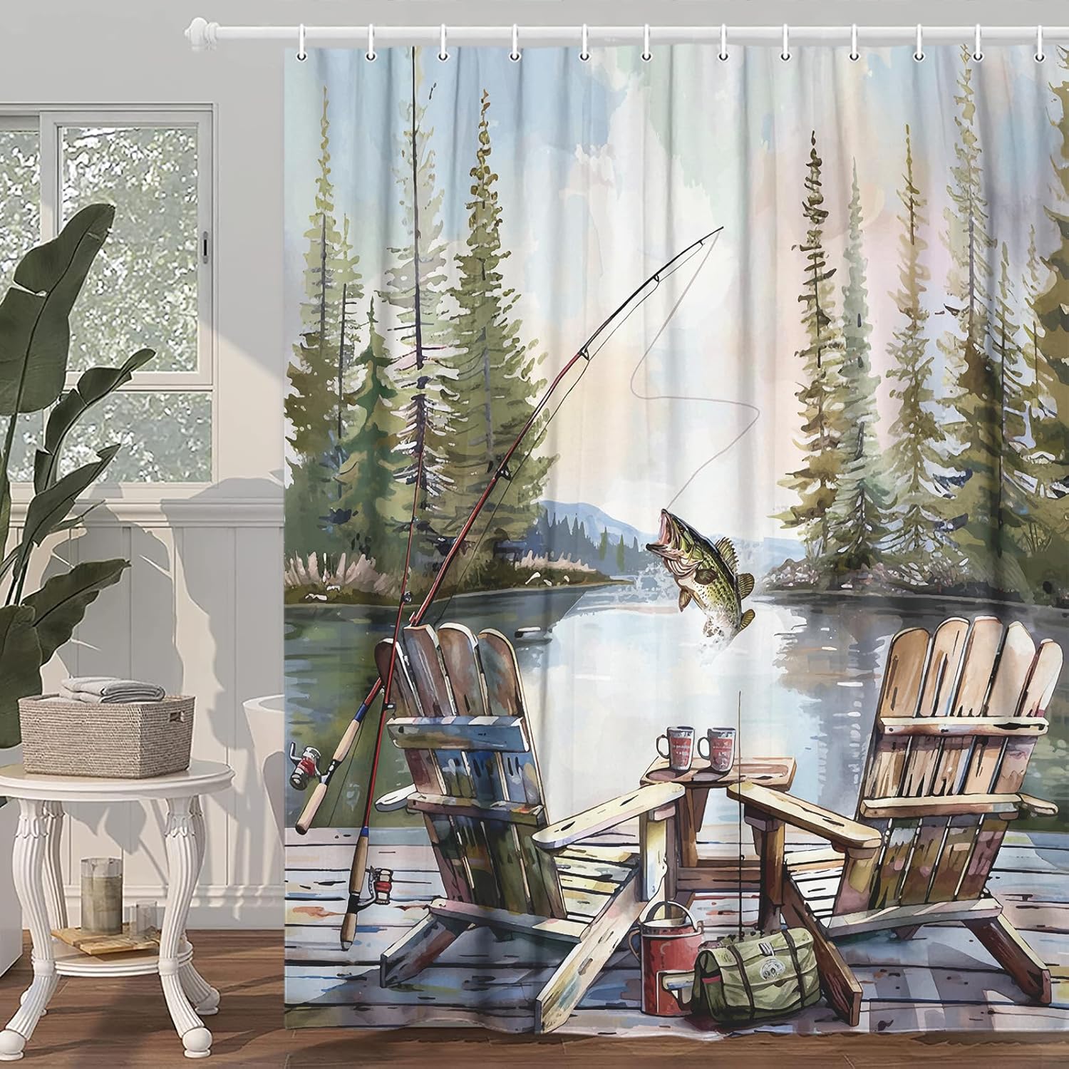 Rustic Fishing Shower Curtain, - Hunting And Camping In Forest 评论和价格