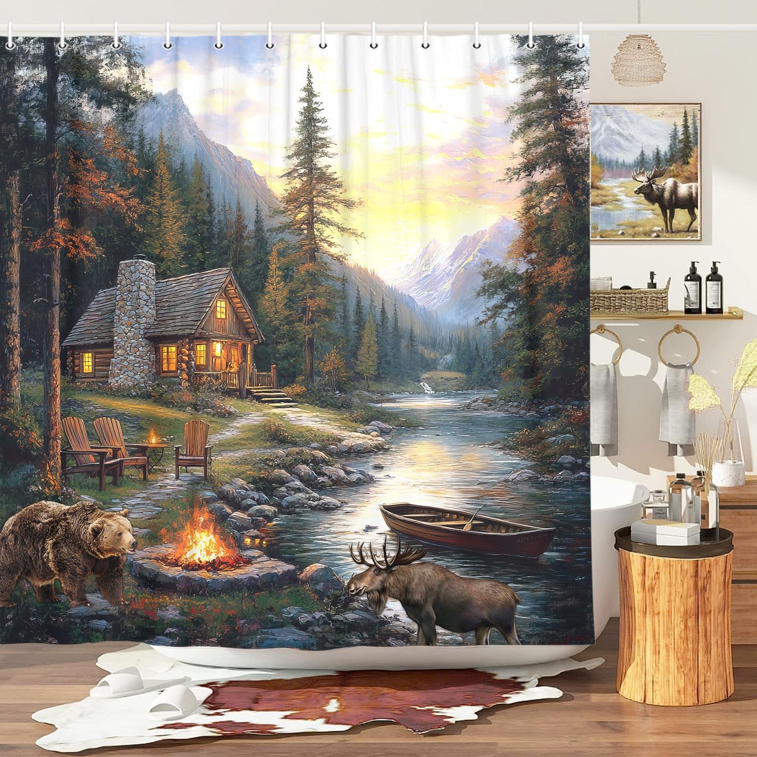 Rustic Cabin Lodge Shower Curt - Hunting And Camping In Forest 评论和价格