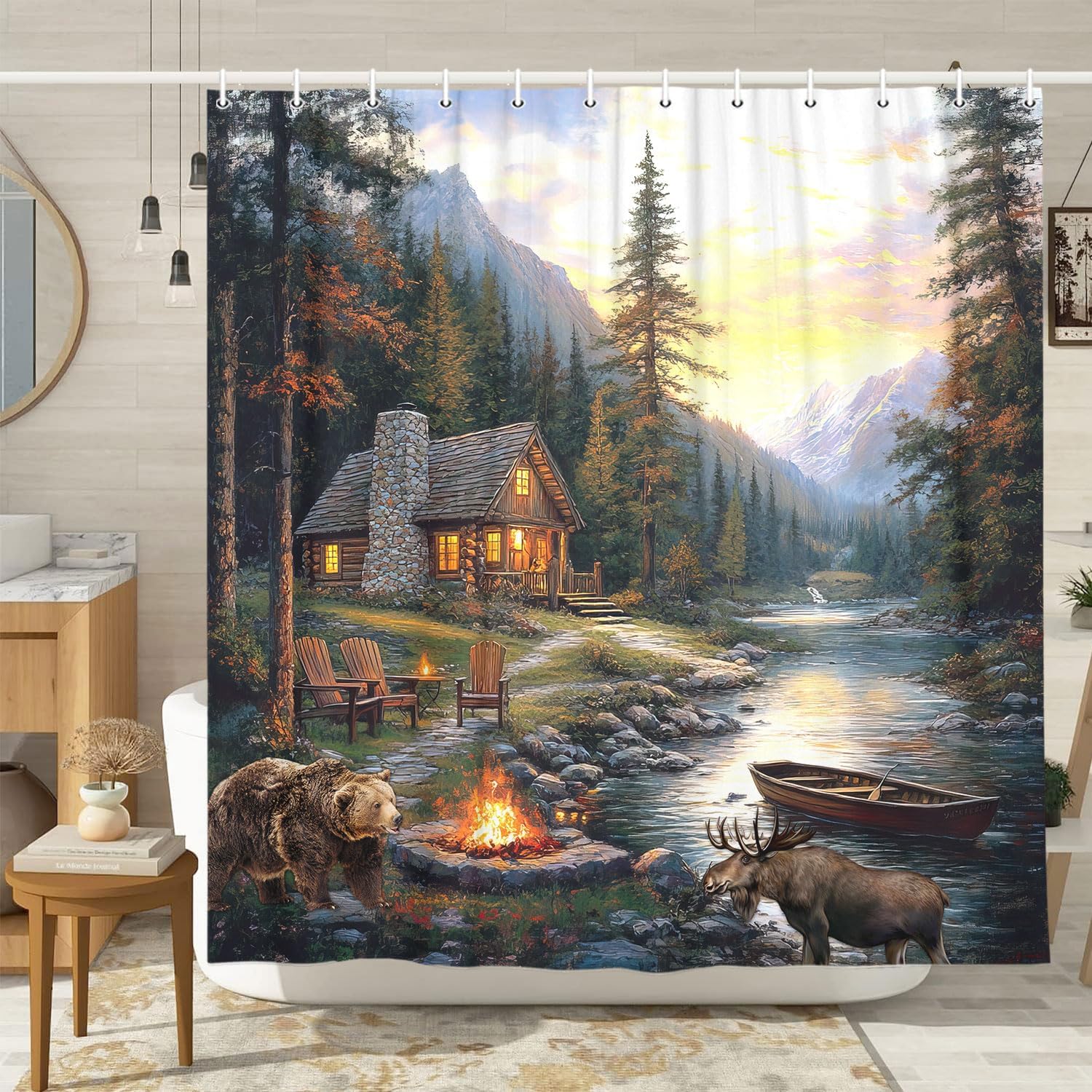 Rustic Cabin Lodge Shower Curt - Hunting And Camping In Forest 评论和价格