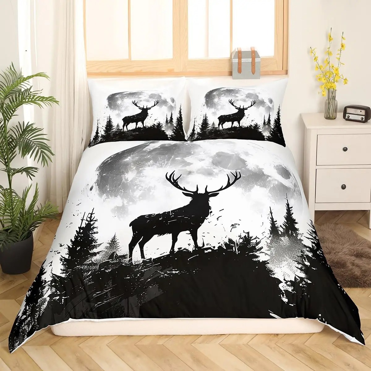 Deer Elk Duvet Cover King Quee - Hunting And Camping In Forest 评论和价格