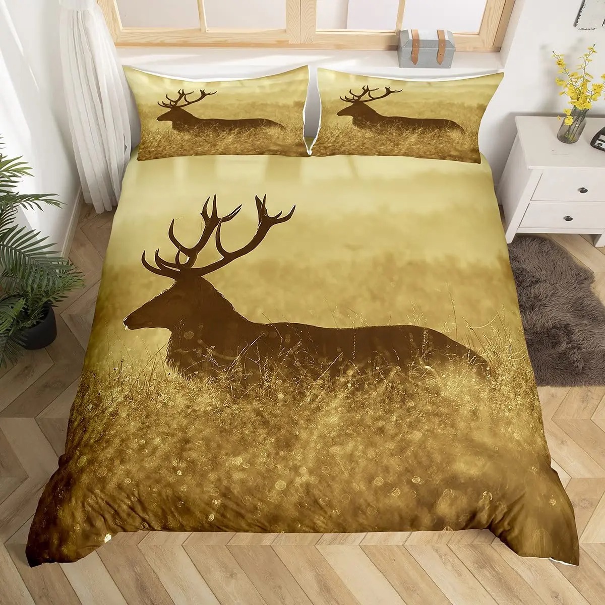 Deer Elk Duvet Cover King Quee - Hunting And Camping In Forest 评论和价格